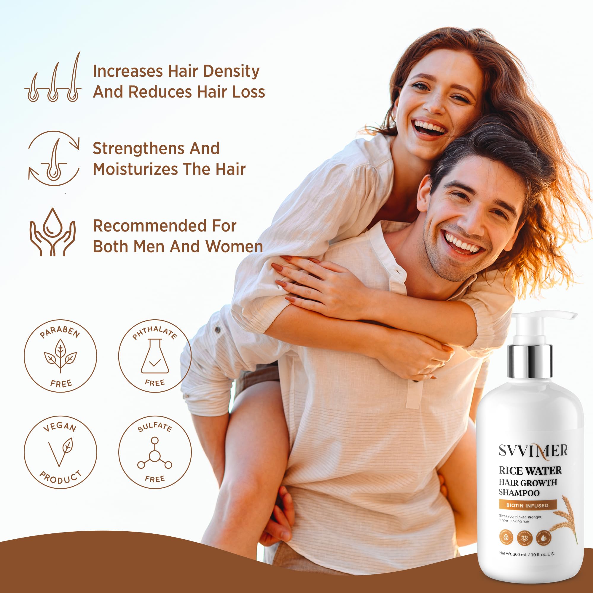 Svvimer shampoo ingredients close-up featuring rice water biotin and caffeine for healthier hair
