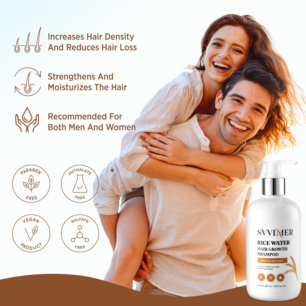 Svvimer shampoo ingredients close-up featuring rice water biotin and caffeine for healthier hair