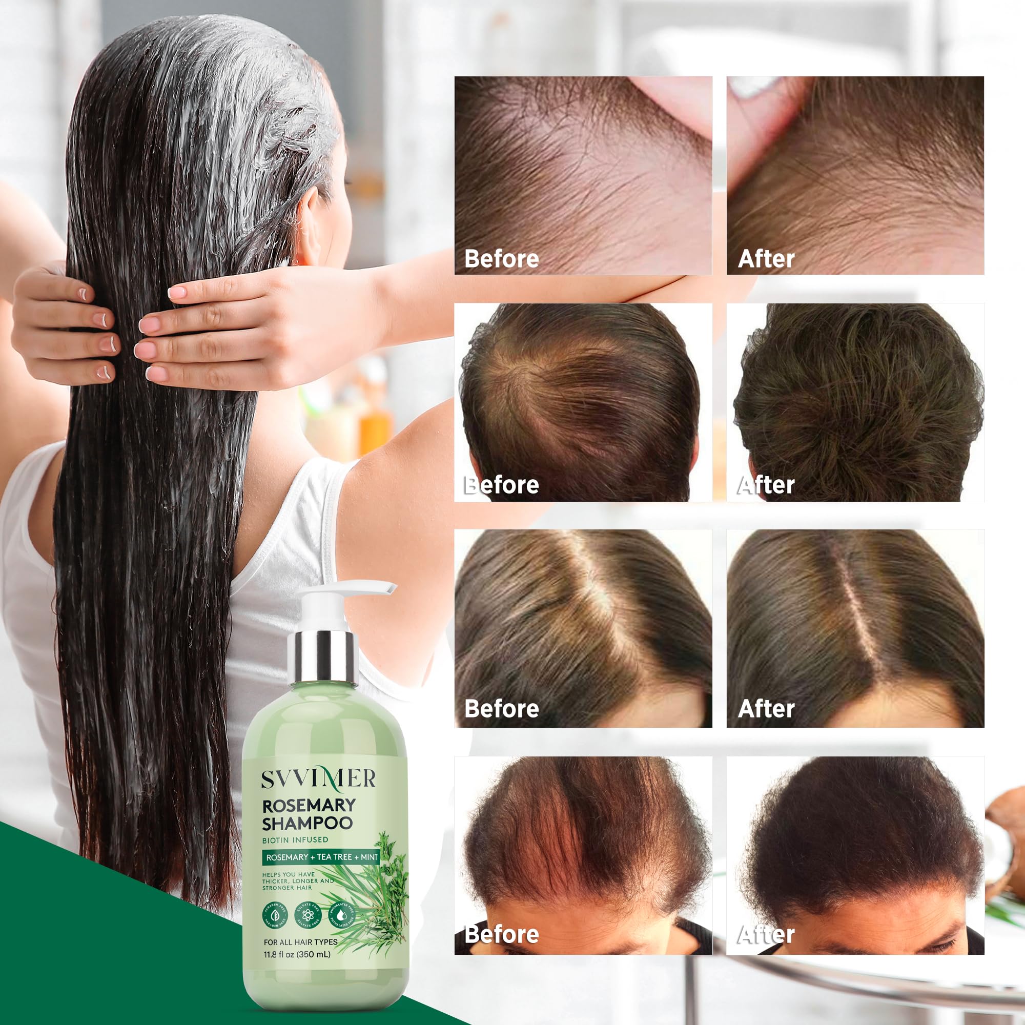 Svvimer Rosemary shampoo on bathroom shelf closeup highlights biotin for fuller-looking hair
