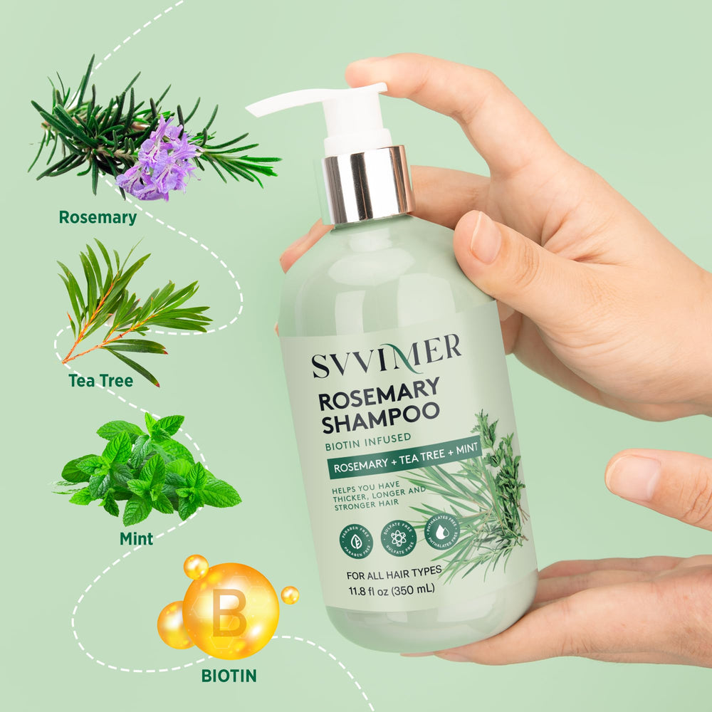 Svvimer Rosemary shampoo bottle with tea tree oil visual suggests refreshing scalp care