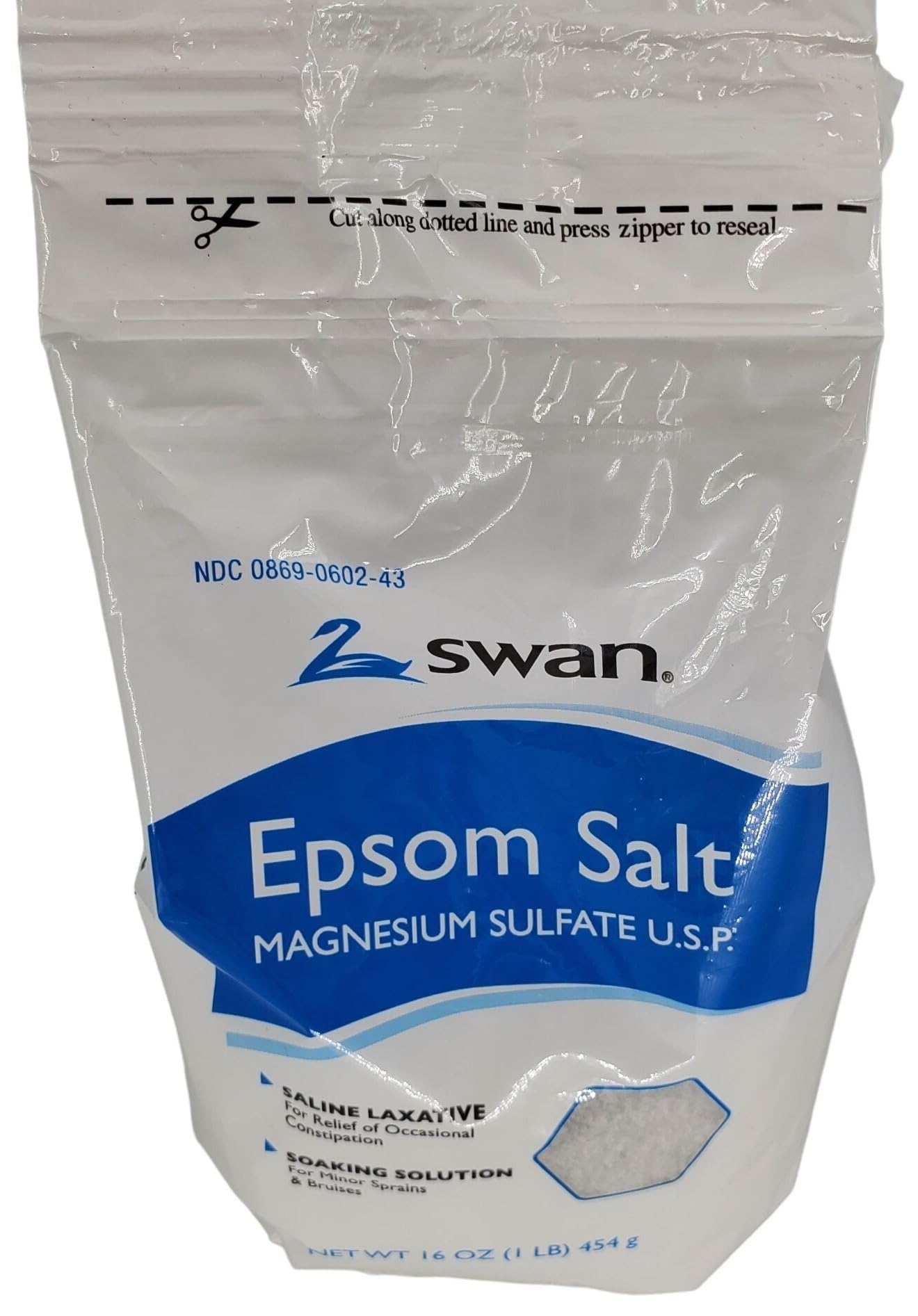 Swan Epsom Salt 16oz — bote abierto listo para disolver.