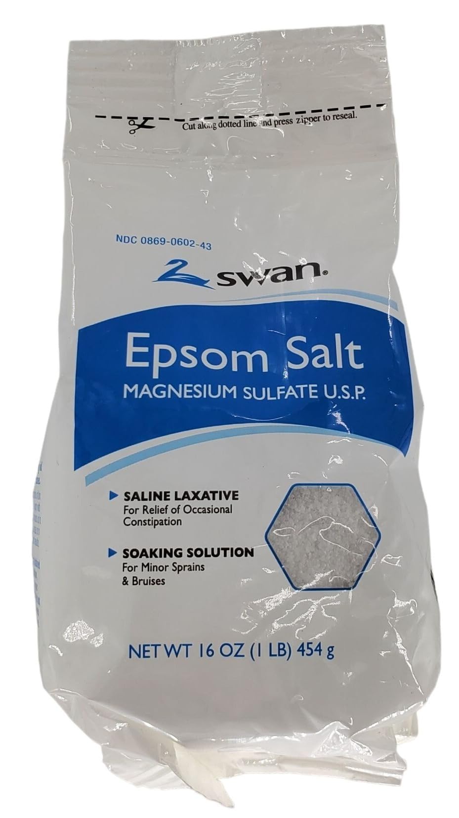 Swan Epsom Salt 16oz — bote cerrado para un baño relajante.