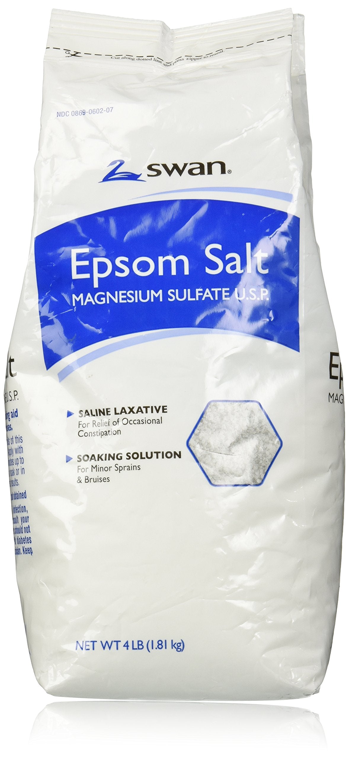 Swan Epsom Salt bottle-front view for easy measuring and soothing bath time.
