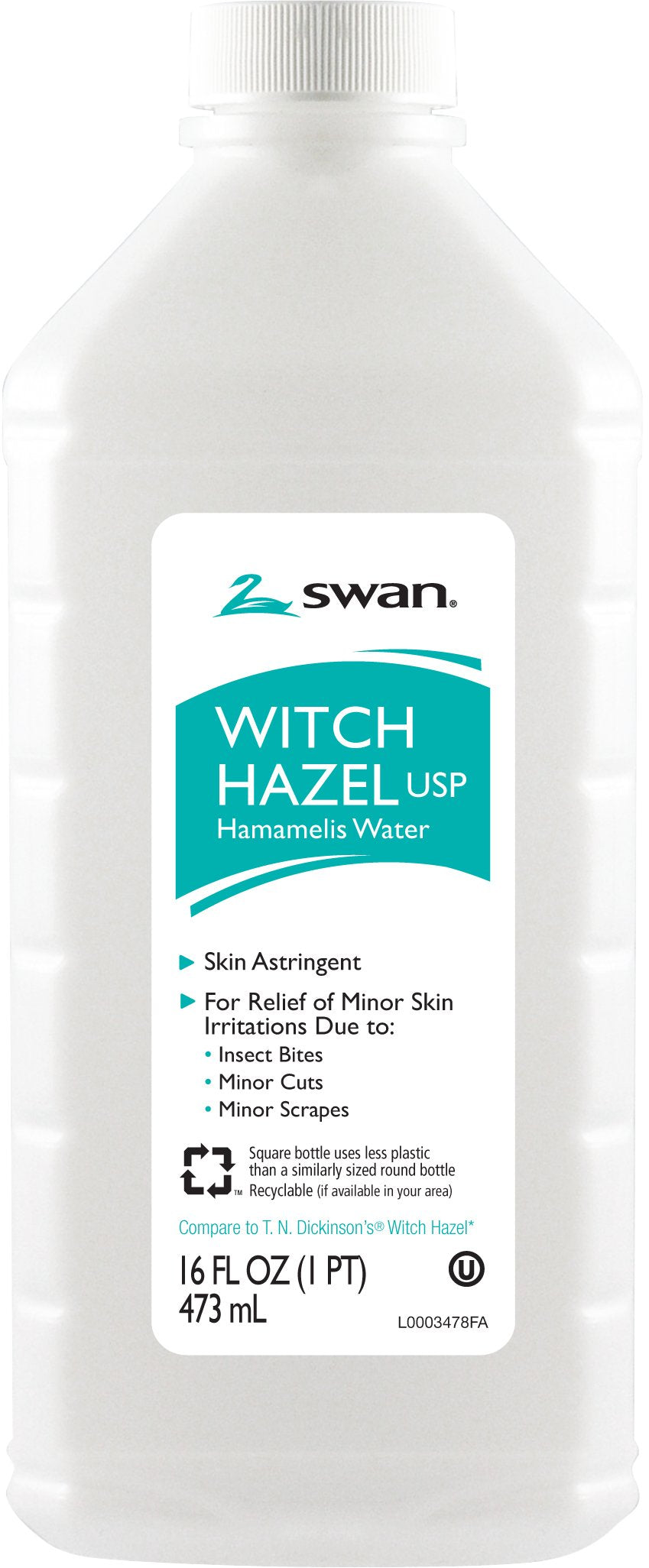 Swan Witch Hazel 16-ounce bottle for gentle cleansing, toning, and soothing sunburn relief