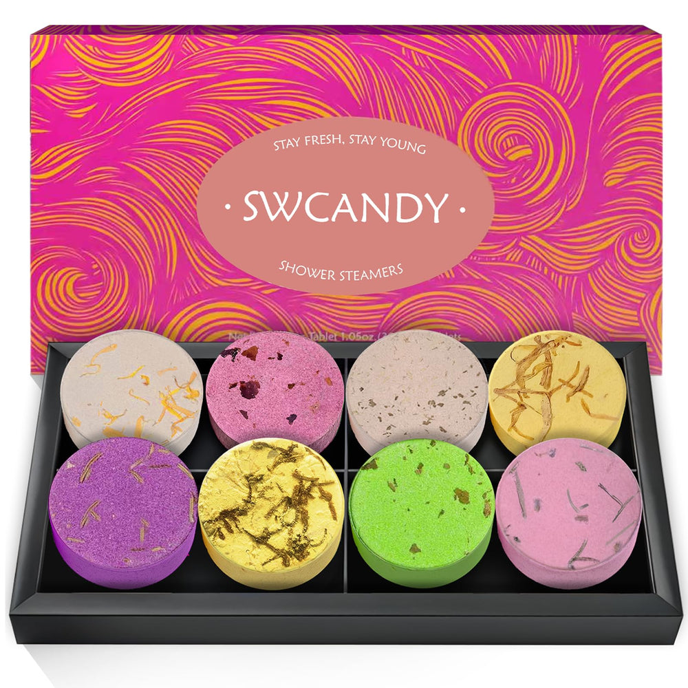 SWCANDY Shower Steamers packaging close-up showing gift-ready presentation.