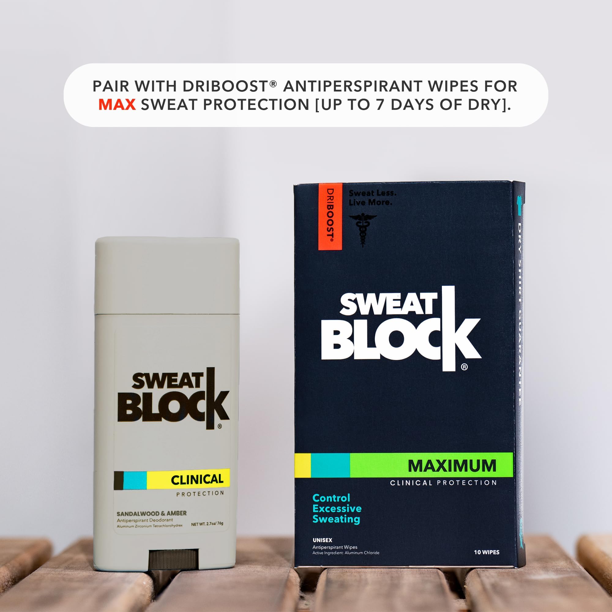 SweatBlock all-day coverage graphic hints at odor and wetness protection possibilities.