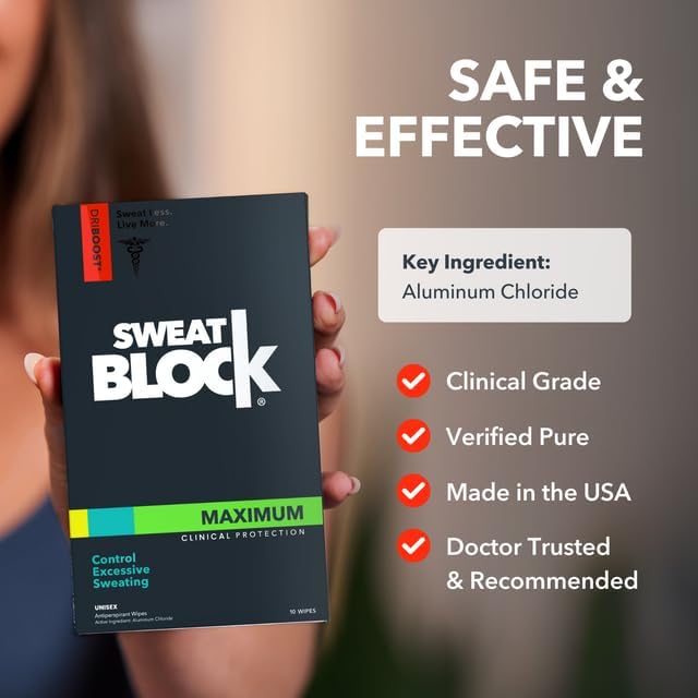 SweatBlock antiperspirant wipes made-in-usa stamp highlighting quality.