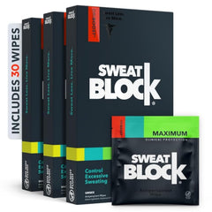 SweatBlock antiperspirant wipes pack shot showcasing long-lasting dryness and confidence.