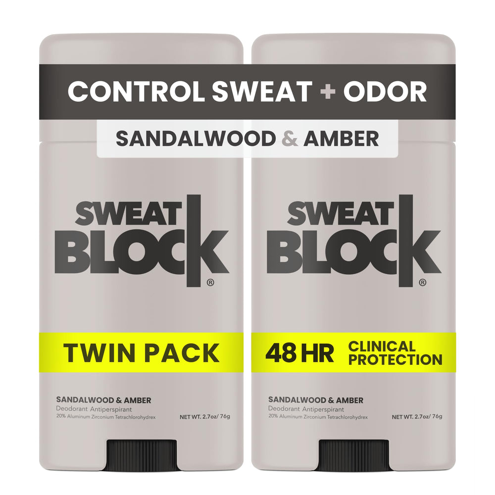 SweatBlock clinical-strength deodorant sandalwood-amber bottle delivers all-day protection for active lifestyles.