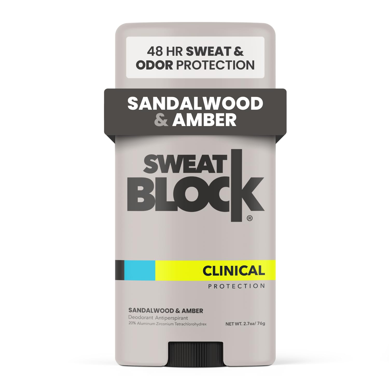 SweatBlock Clinical Strength Deodorant Sandalwood Amber stick provides all-day odor and sweat protection.