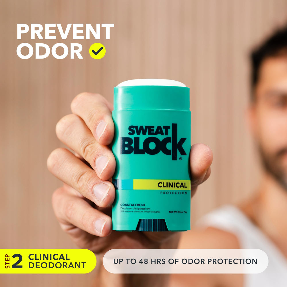 SweatBlock clinical-strength-deodorant-stick with smooth glide for daily odor control.