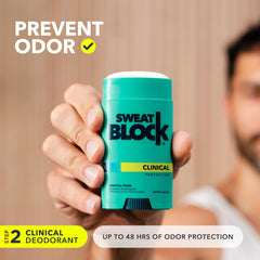 SweatBlock clinical-strength-deodorant-stick with smooth glide for daily odor control.