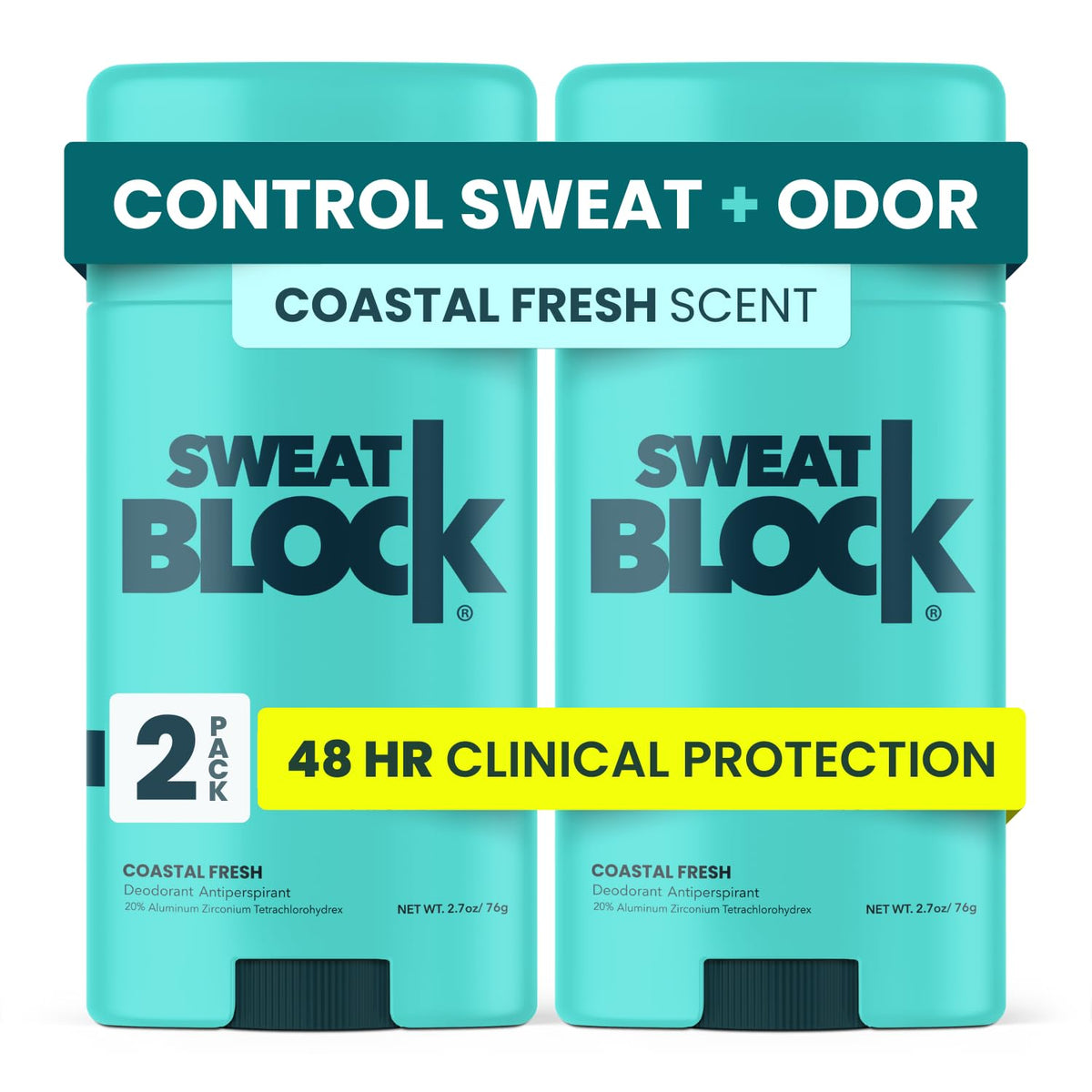 SweatBlock coastal-fresh deodorant packaging for daily use.