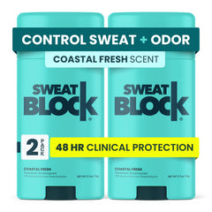 SweatBlock coastal-fresh deodorant packaging for daily use.