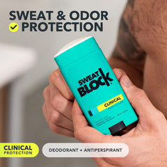 SweatBlock Coastal Fresh deodorant stick being applied for all-day protection.