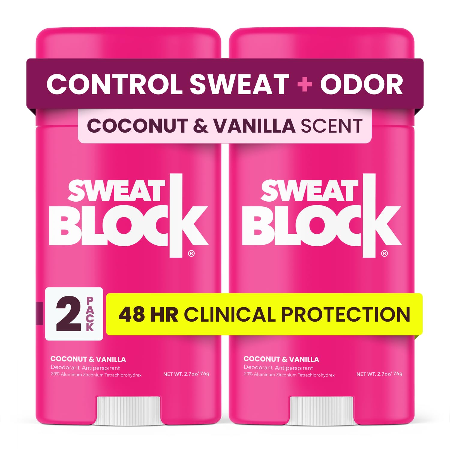 SweatBlock Coconut Vanilla deodorant stick for daily freshness.