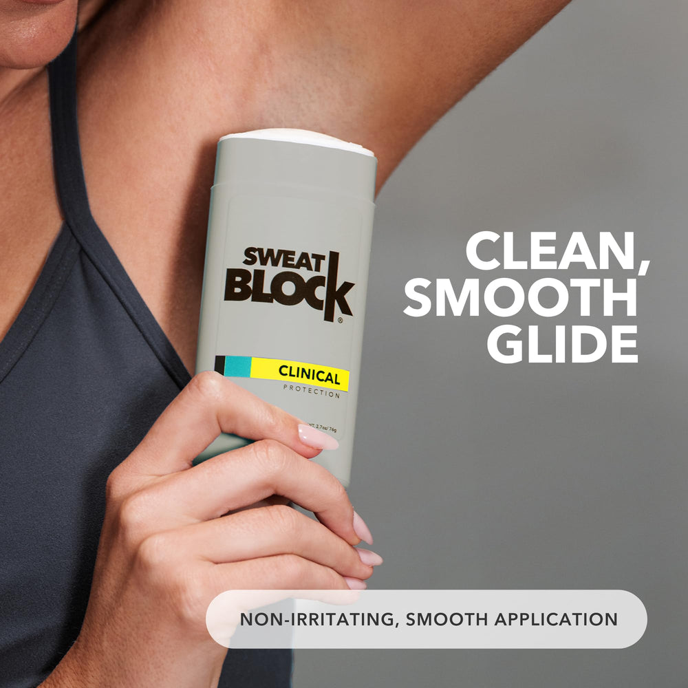 SweatBlock application close-up shows smooth glide for daily comfort.