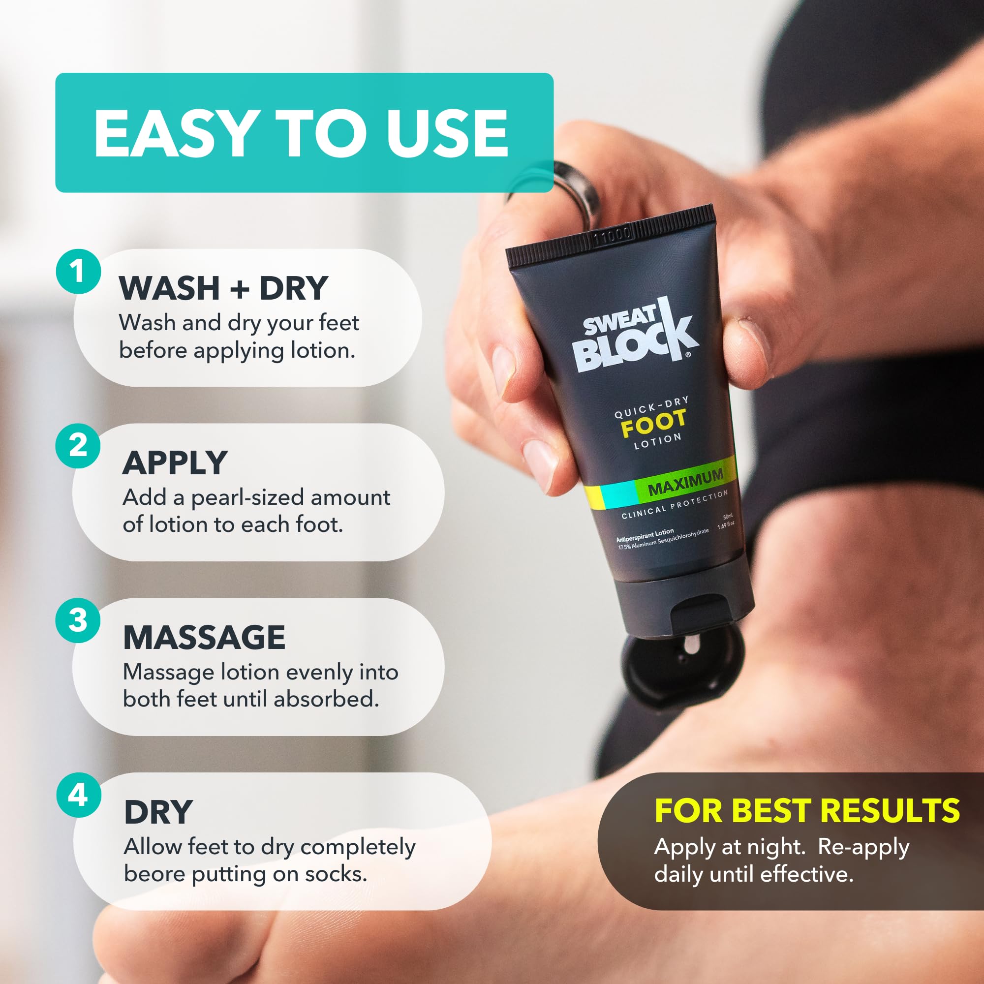 Dermatologist-tested SweatBlock Lotion supports safe foot care.