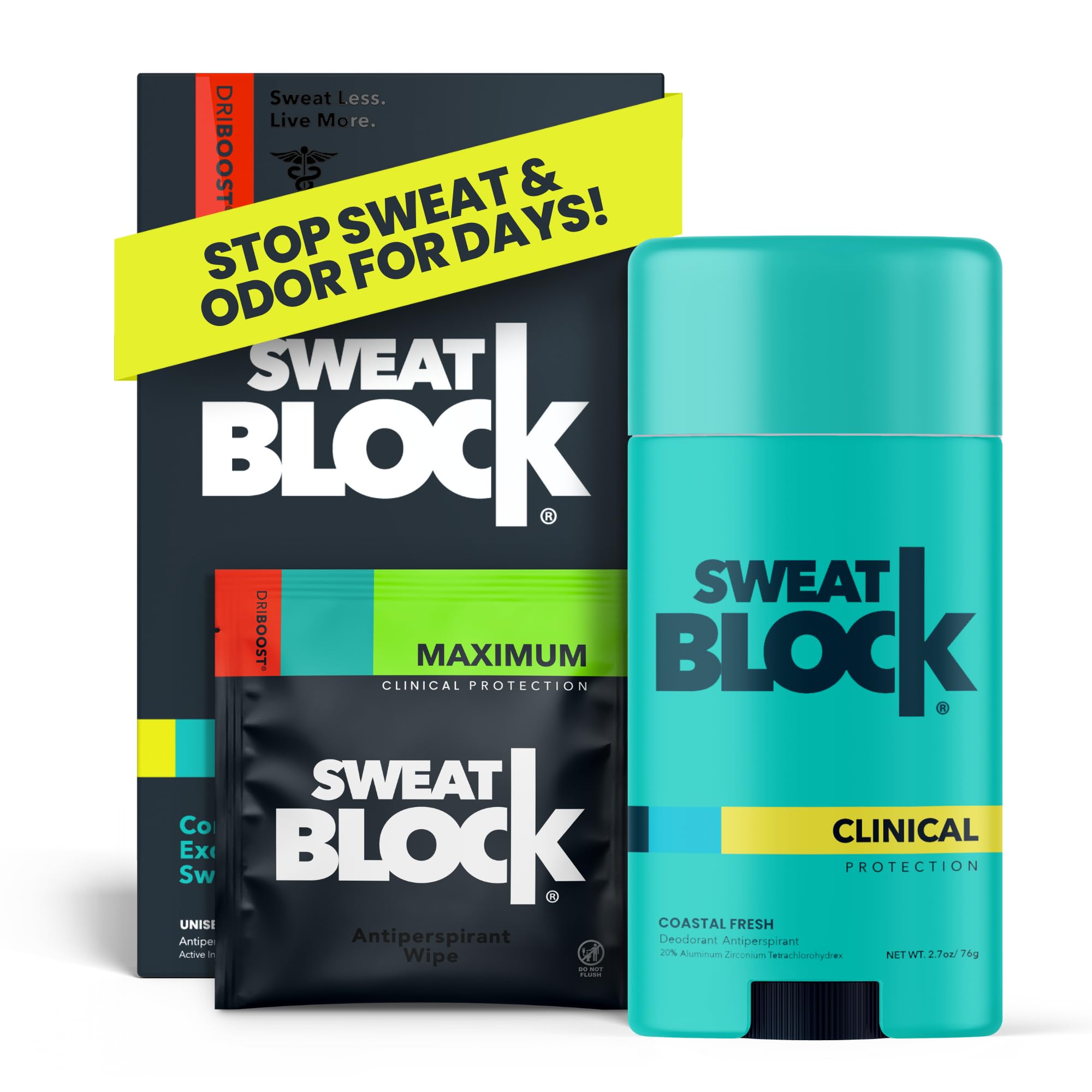 SweatBlock max clinical-strength-wipes shown for long-lasting protection.