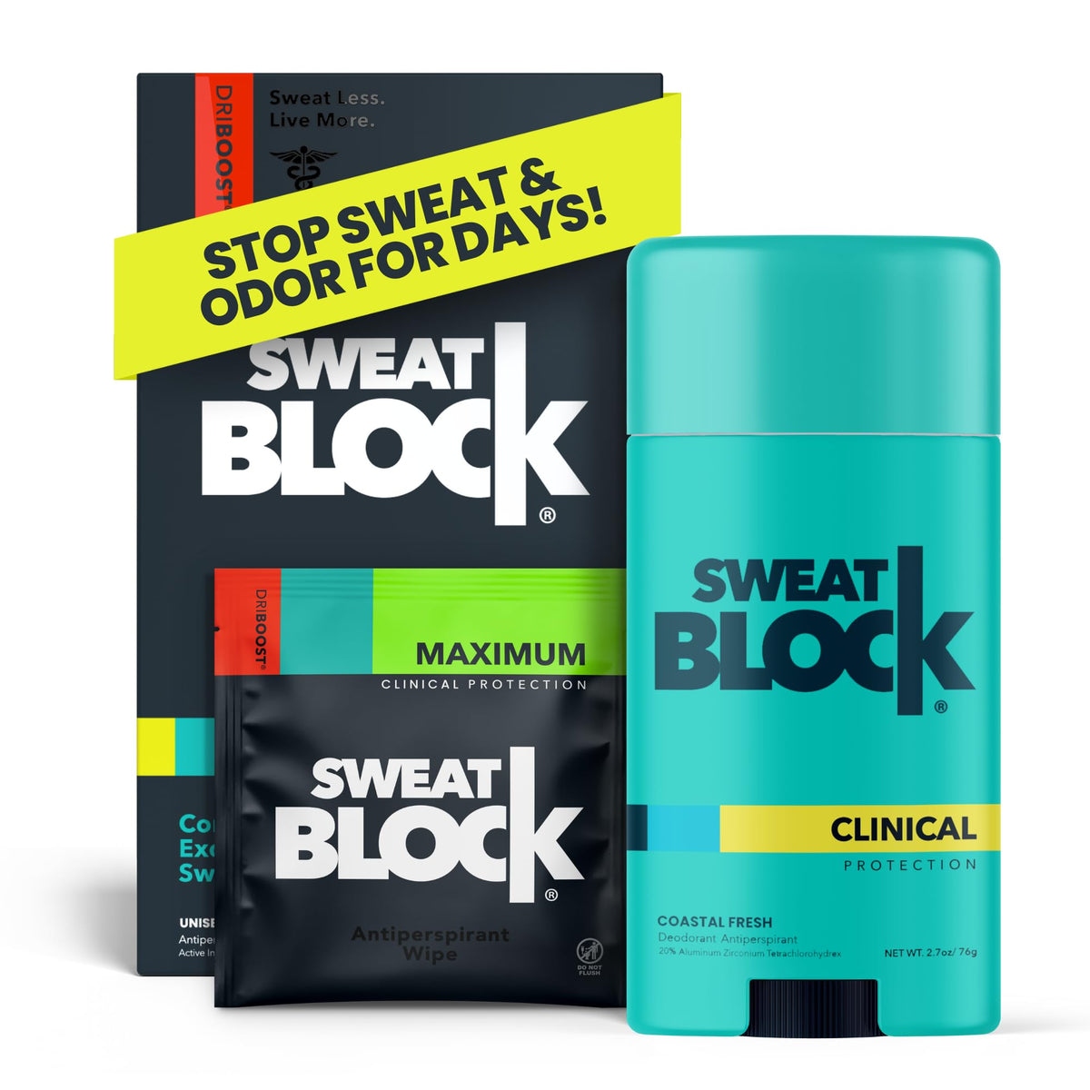 SweatBlock max clinical-strength-wipes shown for long-lasting protection.