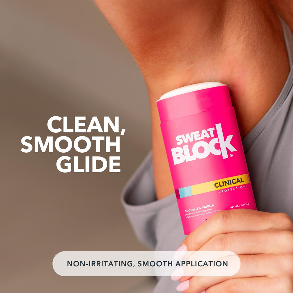 Close-up of SweatBlock pH-balanced deodorant formula on label.