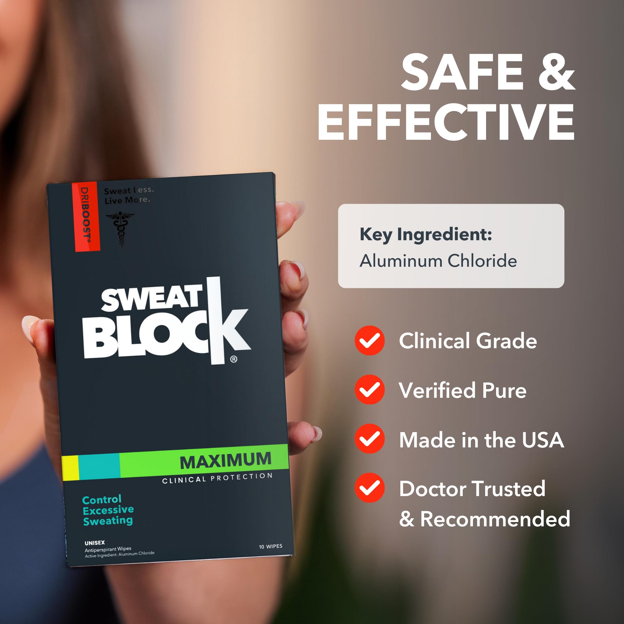 SweatBlock USA-made ingredients image highlights paraben-free, phthalate-free safety.
