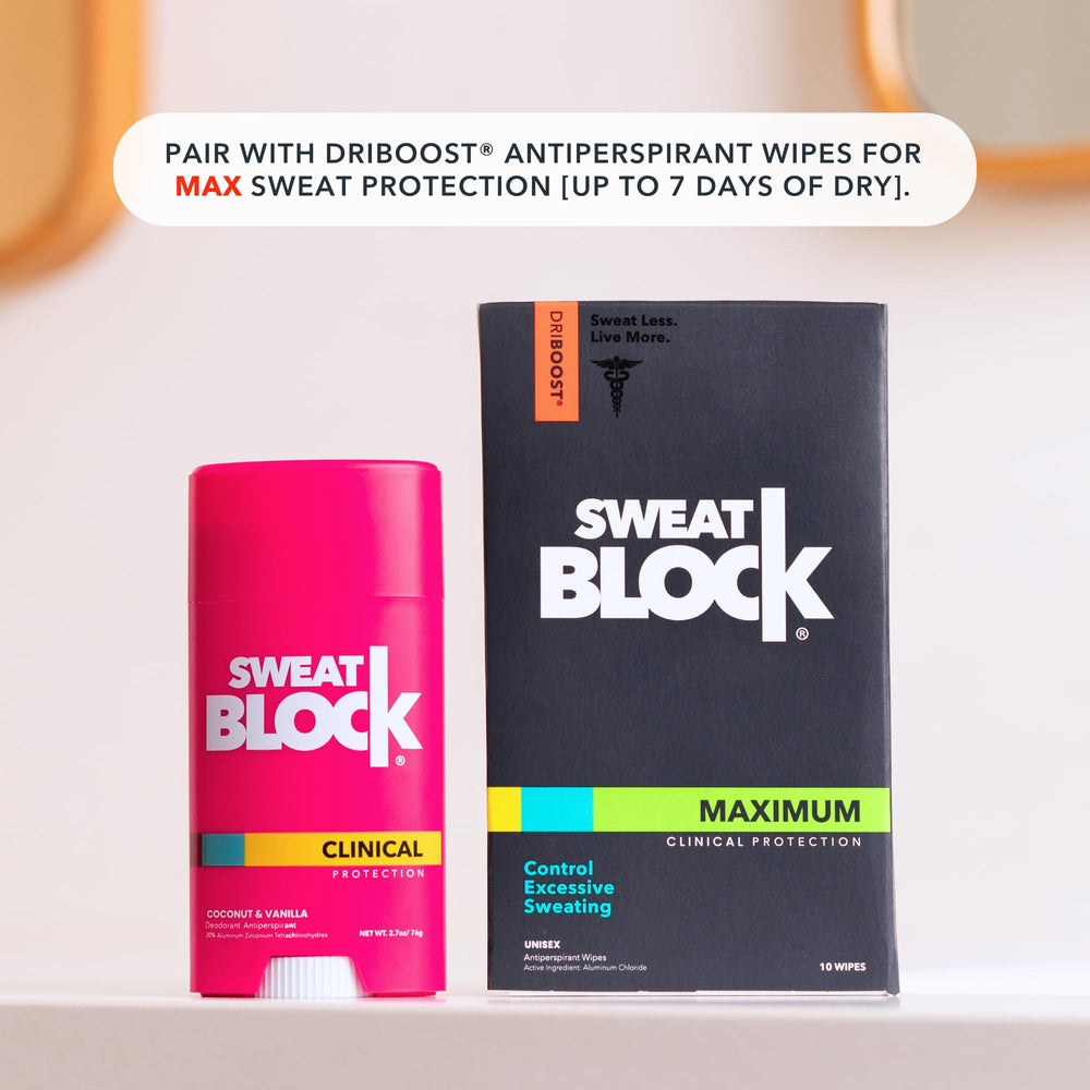 SweatBlock deodorant on vanity as part of daily routine.