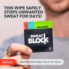 SweatBlock wipe closeup with aluminum chloride highlights powerful sweat-blocking formula.