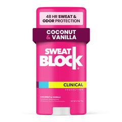 SweatBlock Women Deodorant bottle with coconut-vanilla scent for all-day freshness.