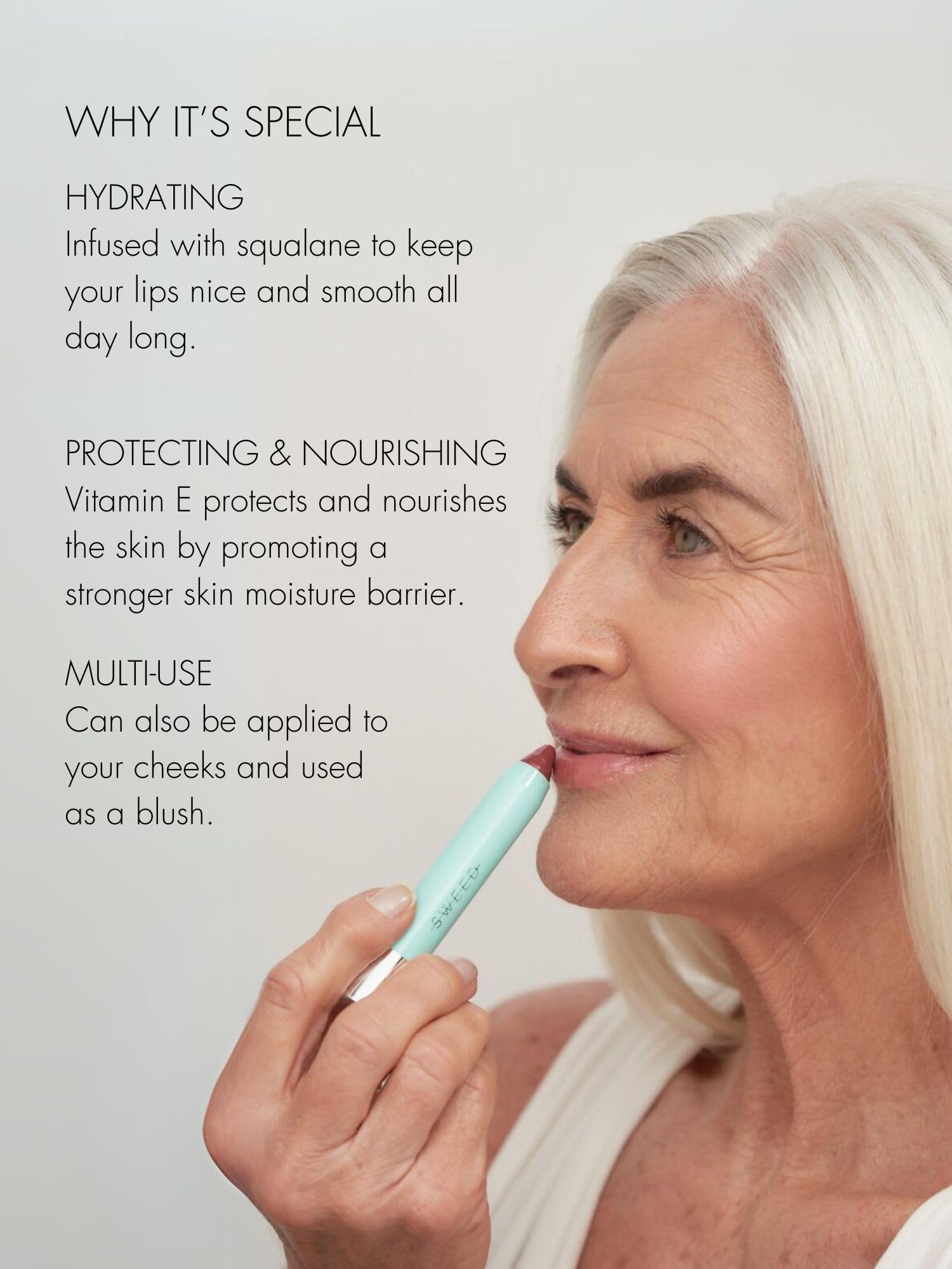 Sweed Le Lipstick close-up highlights glossy shine and hydrated lips