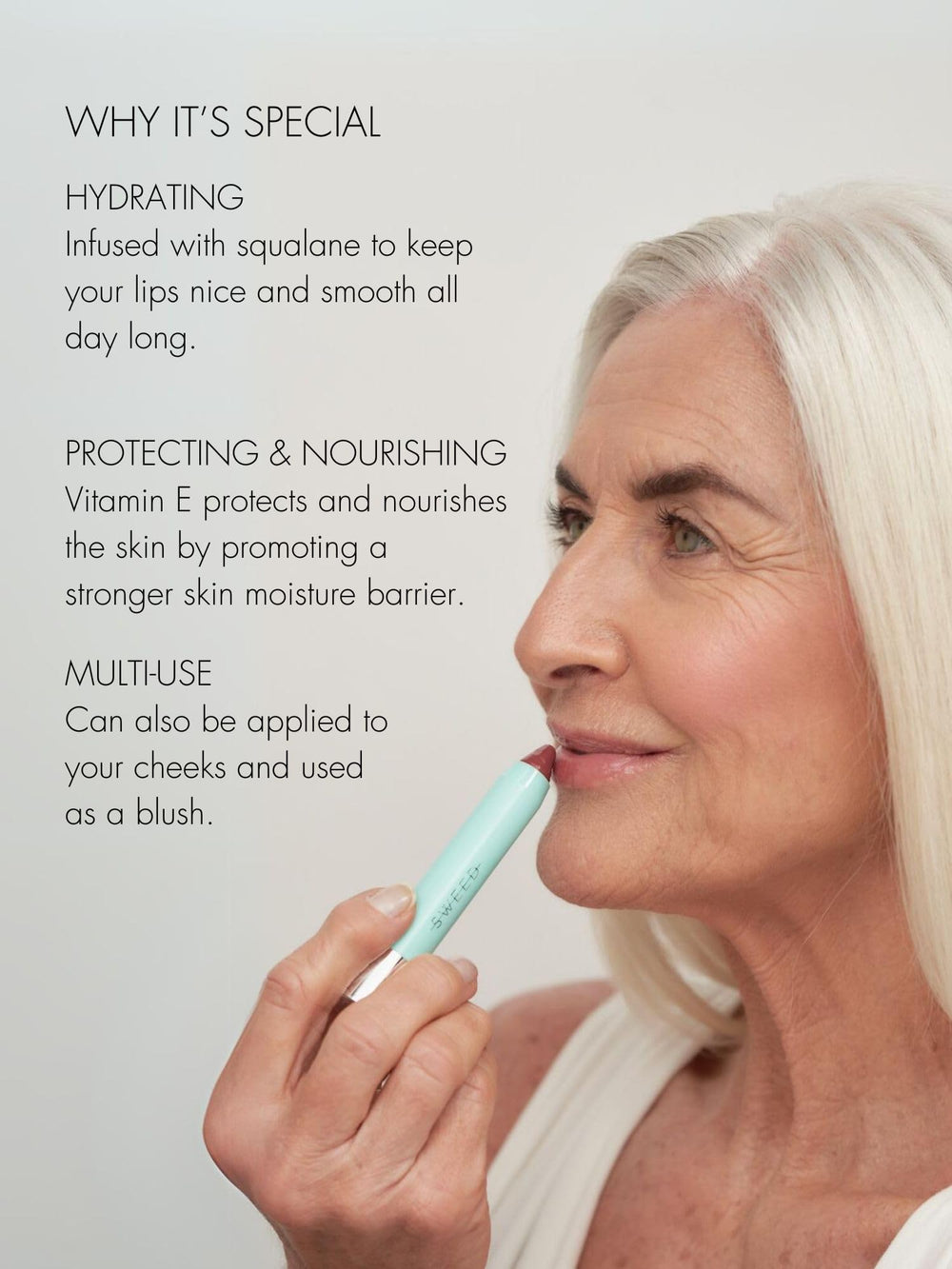 Sweed Le Lipstick close-up highlights glossy shine and hydrated lips
