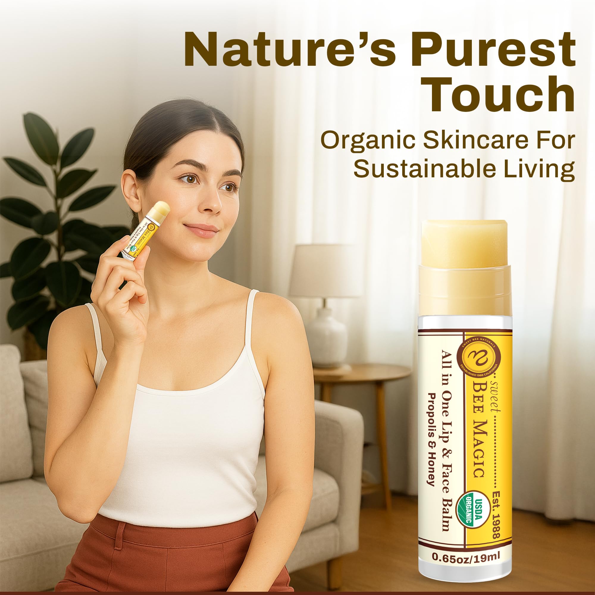 Sweet Bee Naturals dermatologist-recommended lip moisturizer placed alongside skincare routine
