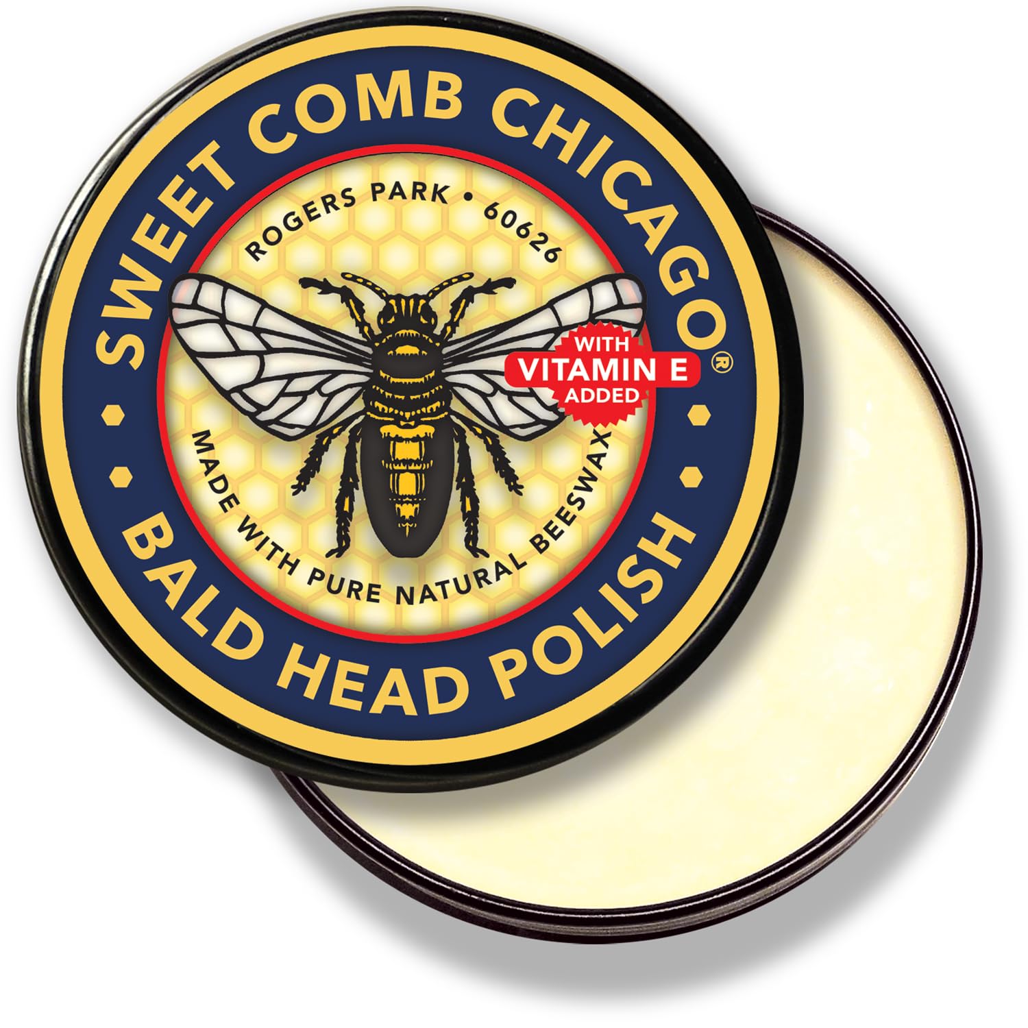 Sweet Comb Chicago Bald Head Polish tin closeup showing natural beeswax and moisture