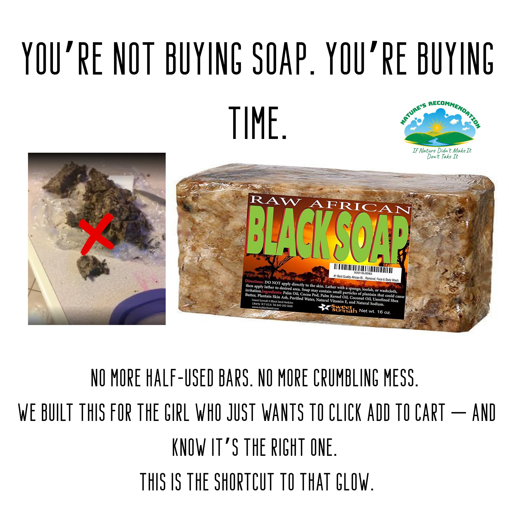 Sweet Sunnah Black Soap ingredients with shea butter and palm kernel oil.