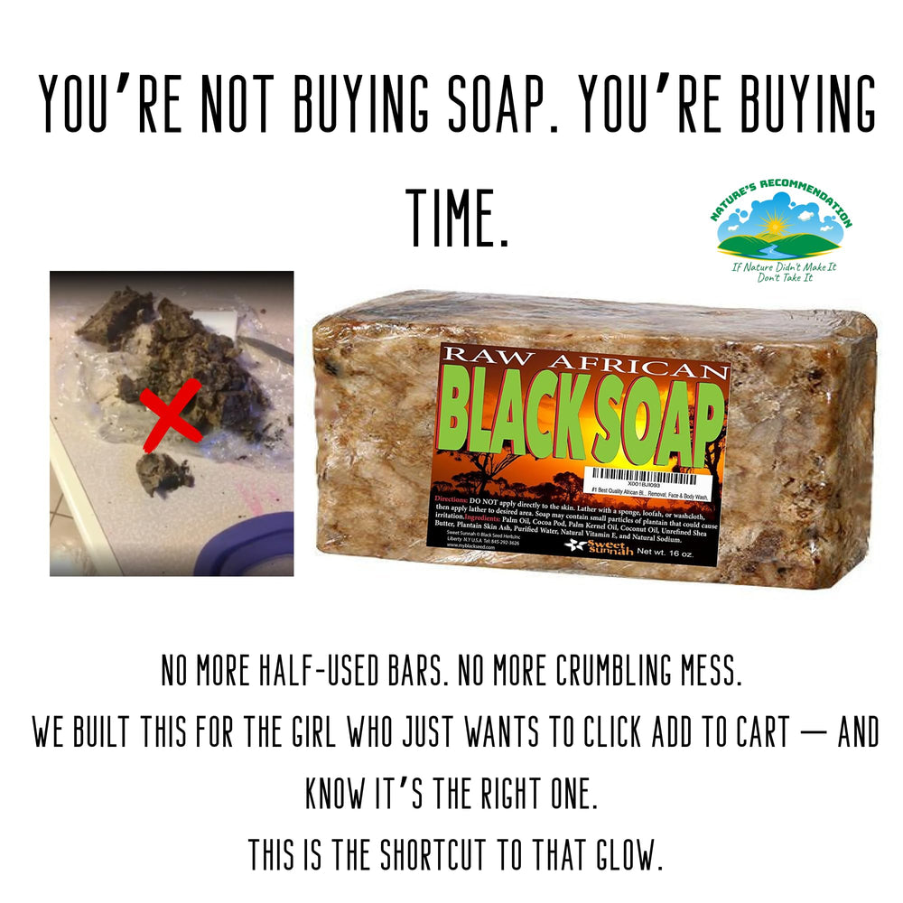 Sweet Sunnah Black Soap ingredients with shea butter and palm kernel oil.