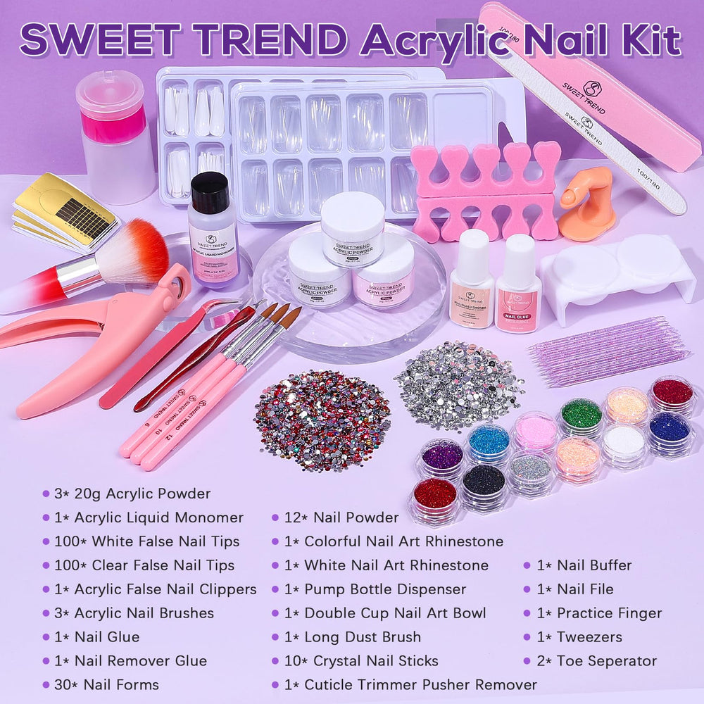 Sweet Trend acrylic powder collection in clear white pink, ideal for versatile home nail designs.