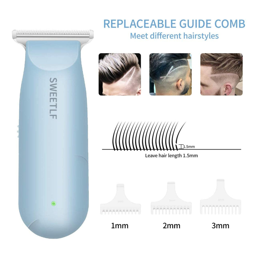 SweetLF hair clippers blue side view highlighting compact travel-ready design for on-the-go grooming.