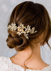 SweetV pearl-and-rhinestone hair accessory enhances floral wedding hairstyles