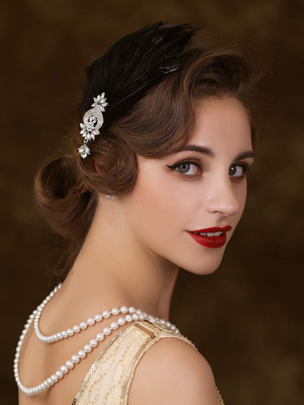 SweetV flapper headpiece headband assembly includes feather, clip, and band