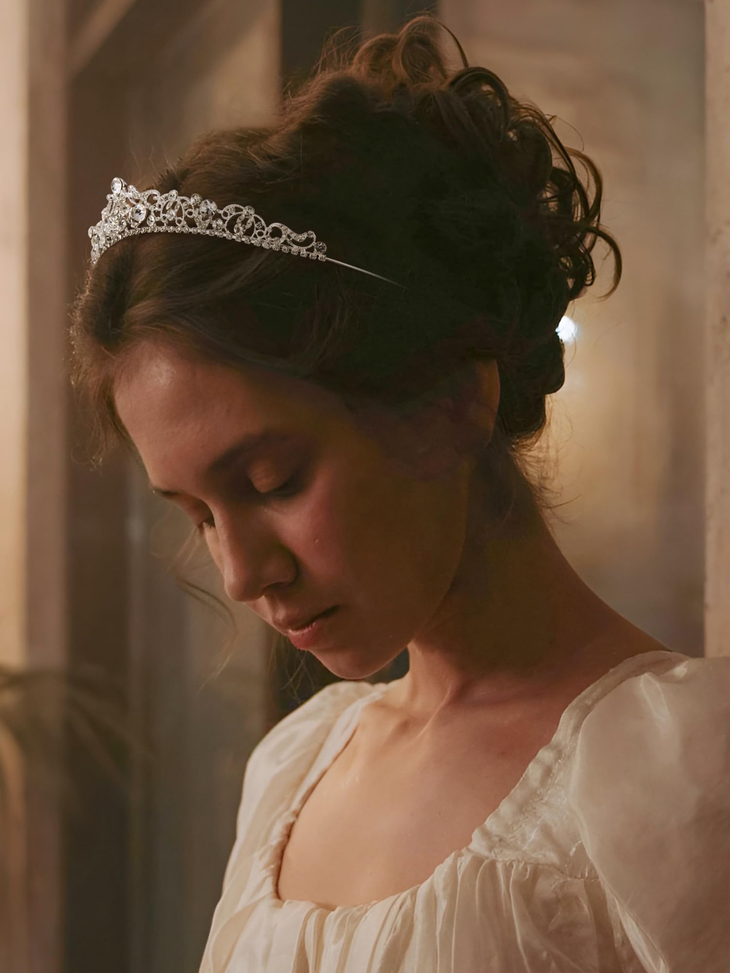 SWEETV silver bridal crown on bride showcases Bridgerton-inspired glamour