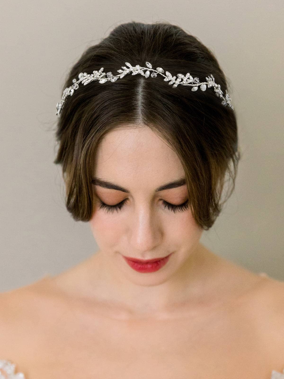 Sweetv silver crystal wedding headpiece side view shows eye-catching shine.