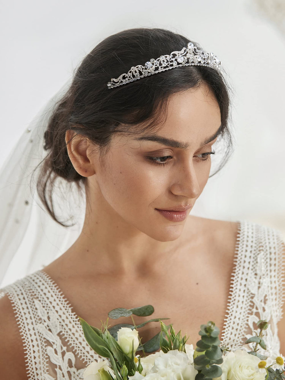 SWEETV silver wedding tiara side profile demonstrates elegant 1.2-inch height