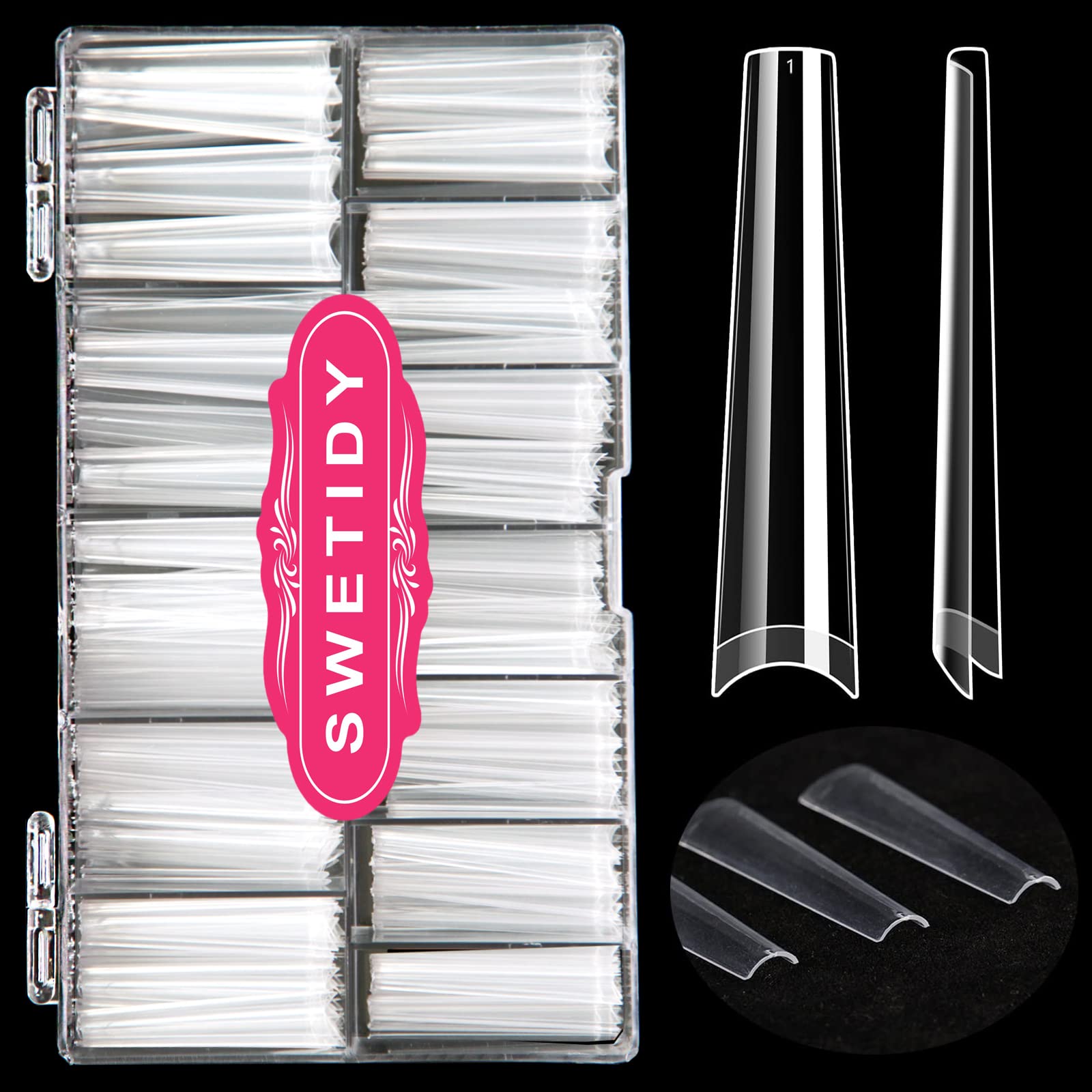 SWETIDY No C Curve 3XL coffin nails pack showing long dramatic length and clean edges for extensions