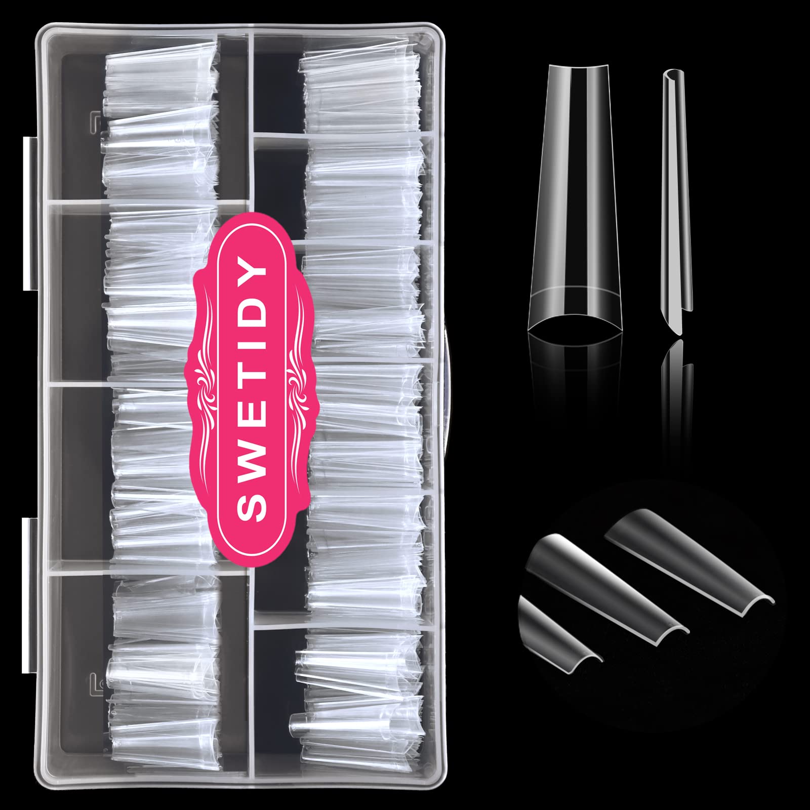 SWETIDY no C curve XL coffin nail tips in a box for professional or DIY use.