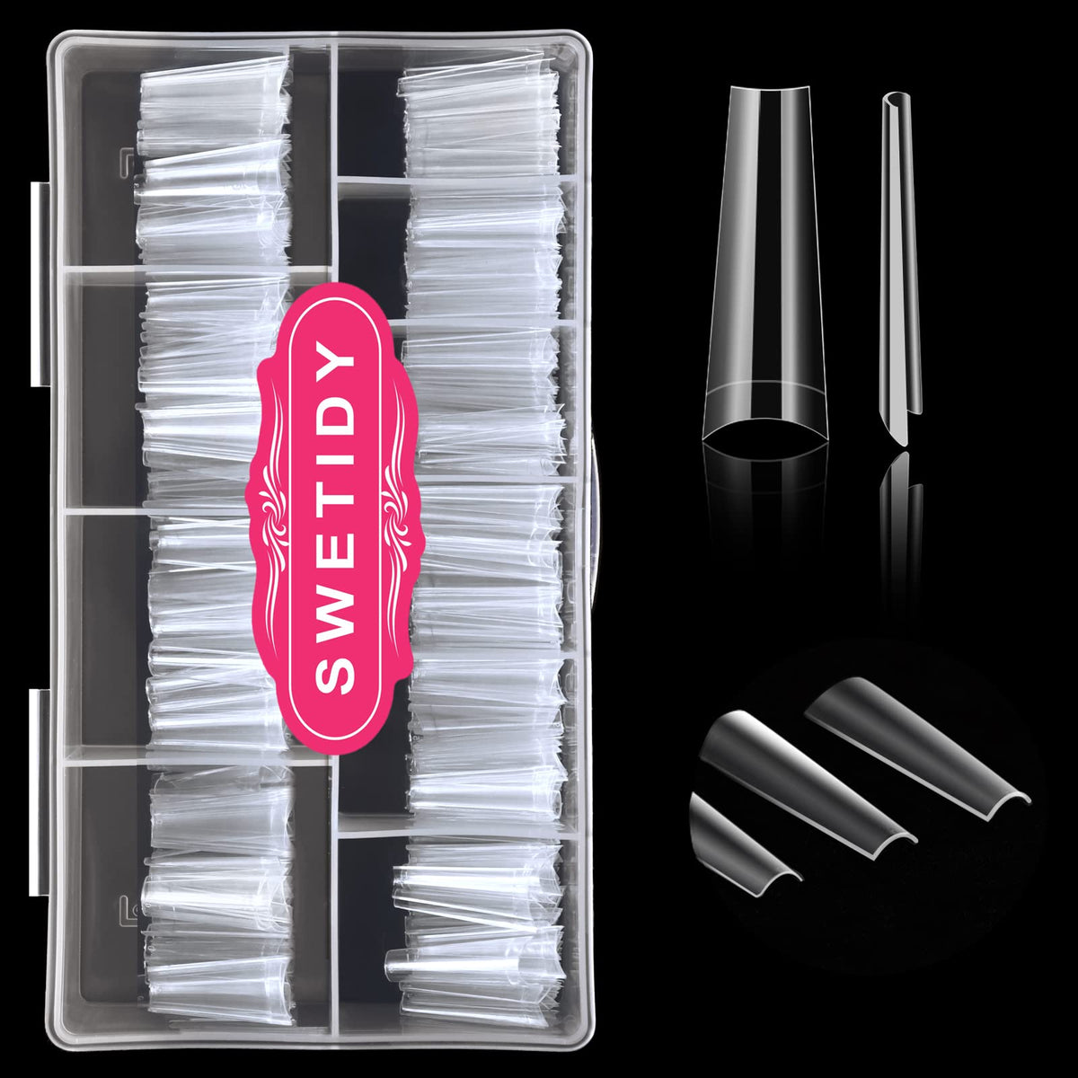 SWETIDY no C curve XL coffin nail tips in a box for professional or DIY use.