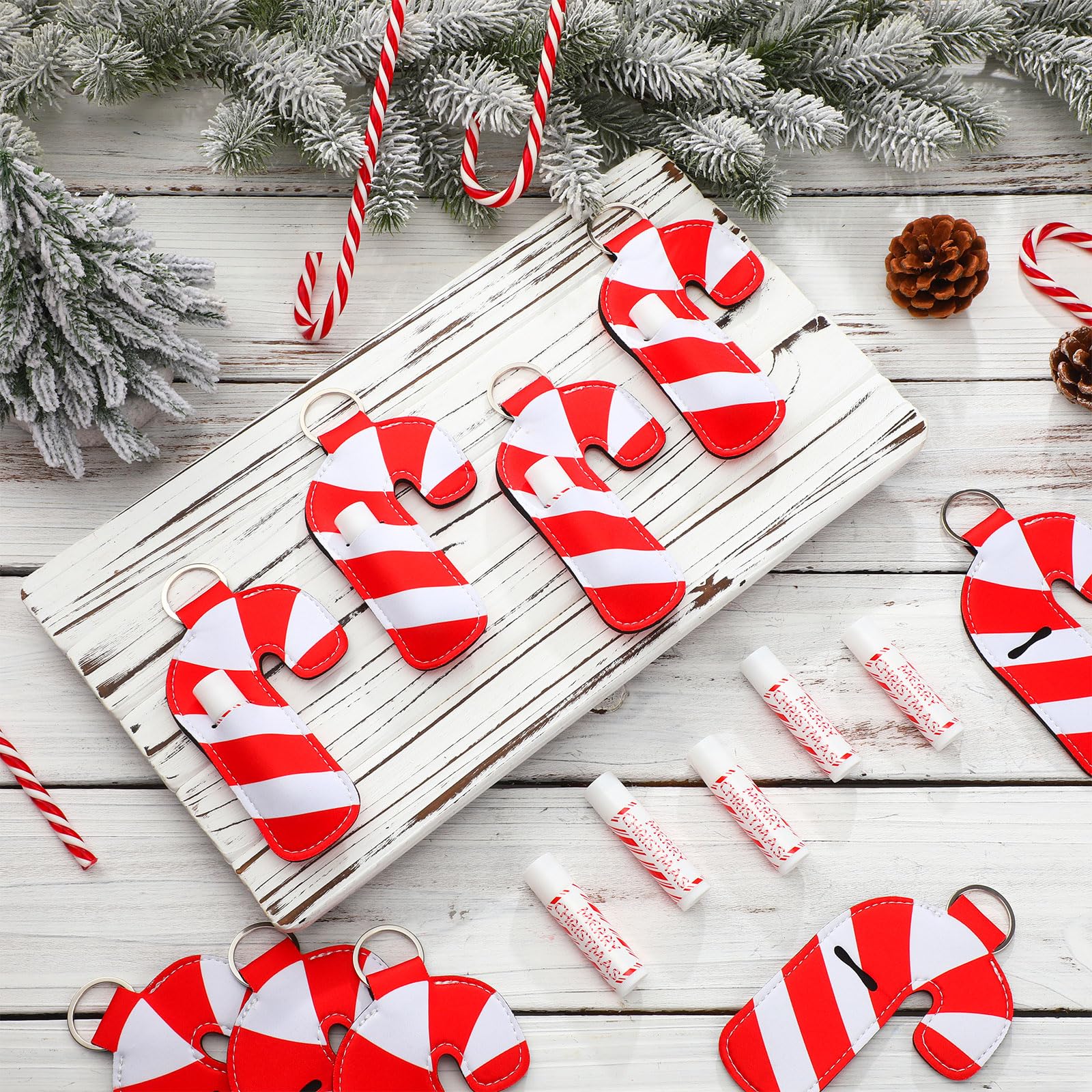 Swiffen candy cane lip balm holder keychain demonstrates easy portability for on-the-go moisture