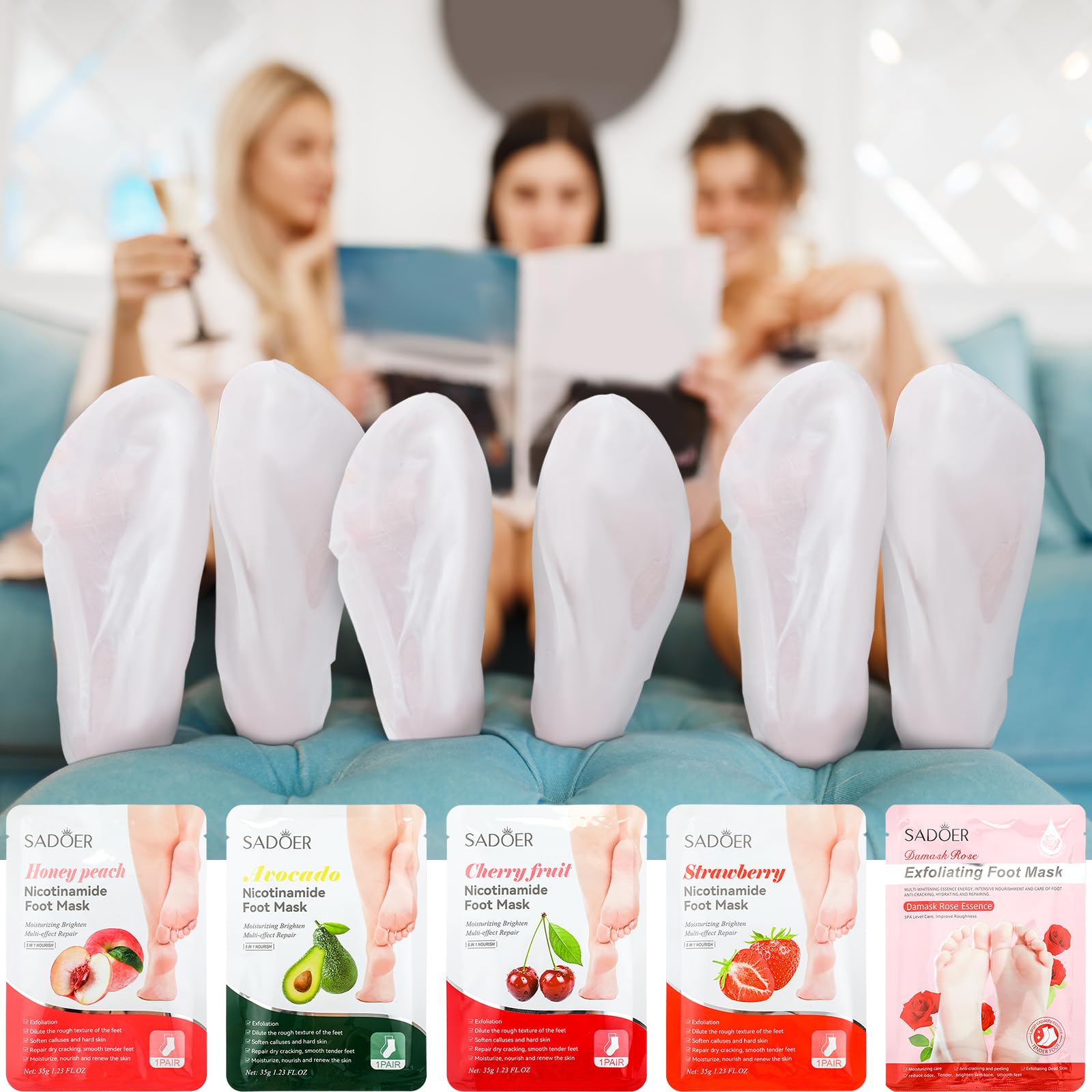 Swiffen foot care kit flatlay displays complete at-home spa set with masks and nail care
