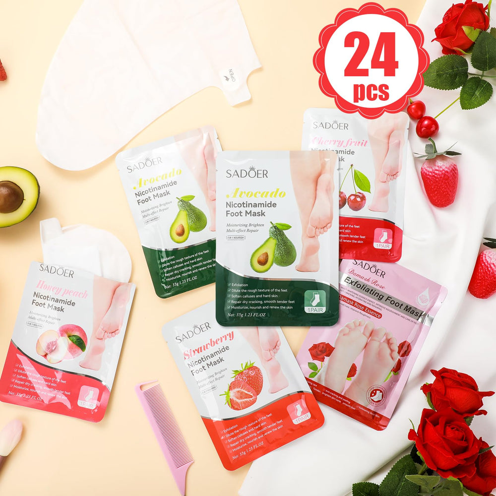 Swiffen fruits foot mask selection closeup shows fruity extracts for nourishing hydration