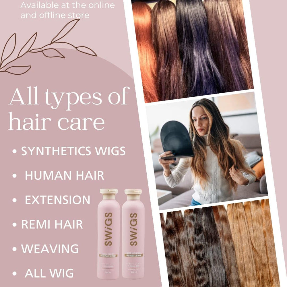 SWIGS conditioner bottle pour highlighting easy detangling for wigs.