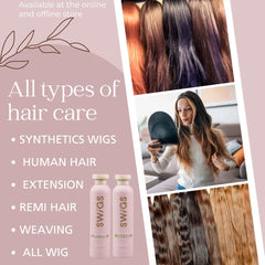 SWIGS conditioner bottle pour highlighting easy detangling for wigs.